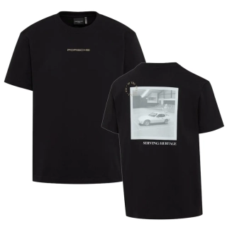 PORSCHE Tennis Heritage 2026 T-Shirt Tričko bavlněné s pogumovaným potiskem sportovní volnočasové v černé