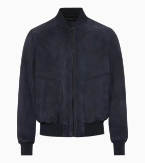 PORSCHE DESIGN Goat Suede Leather Jacket Bunda kožená klasického střihu s detaily z úpletu tmavě modrá